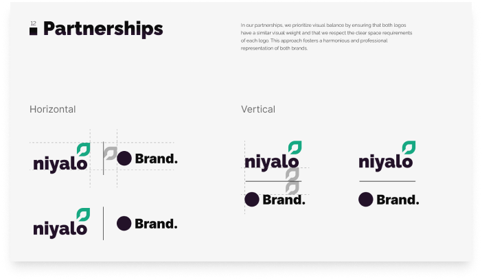 Layout for partnership branding with niyalo logo variations.